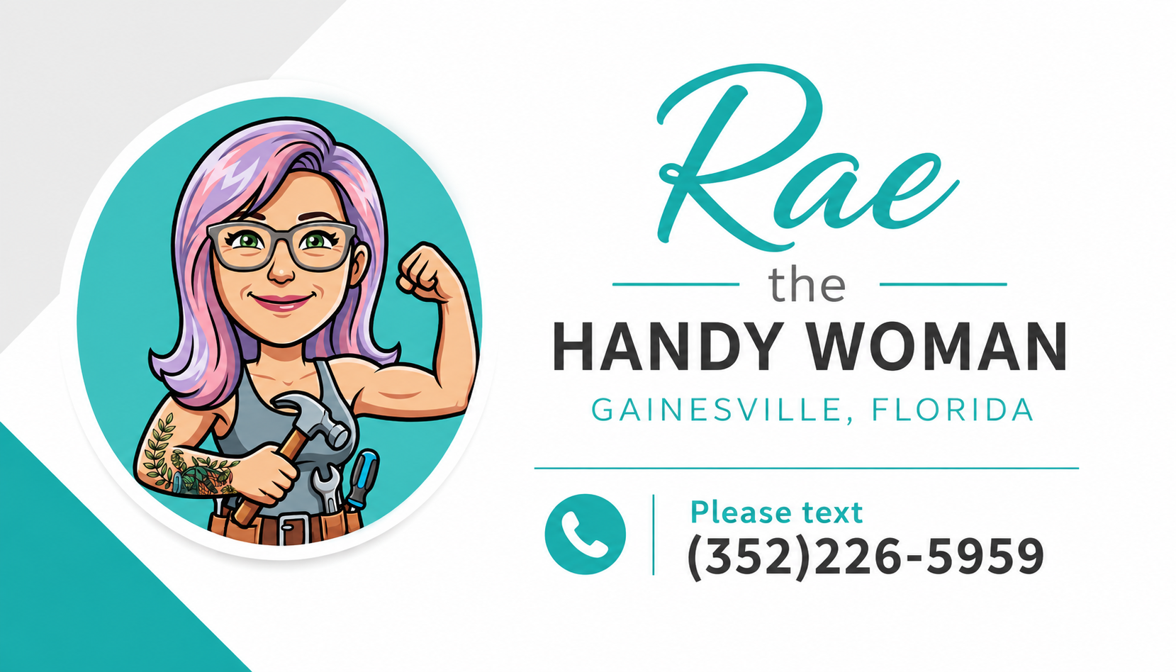 Rae the Handy Woman business card featuring the logo and Gainesville, Florida